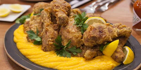 Oma's sweet tea-brined fried chicken with butternut squash puree