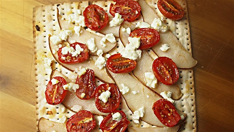 Birne, Oven Roasted Tomatoes and Goat Cheese Matzo Pizza