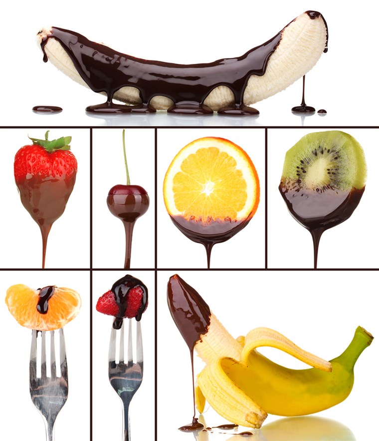 Chutný dessert collage - fruits with chocolate isolated on white; Shutterstock ID 210879736; PO: today.com
