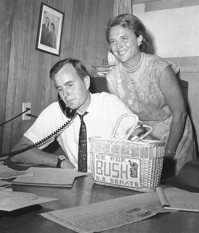 جورج Bush, candidate for the Republican nomination for the U.S. Senate, gets returns by phone at his headquarters in Houston, Saturday, June 6, 1964.