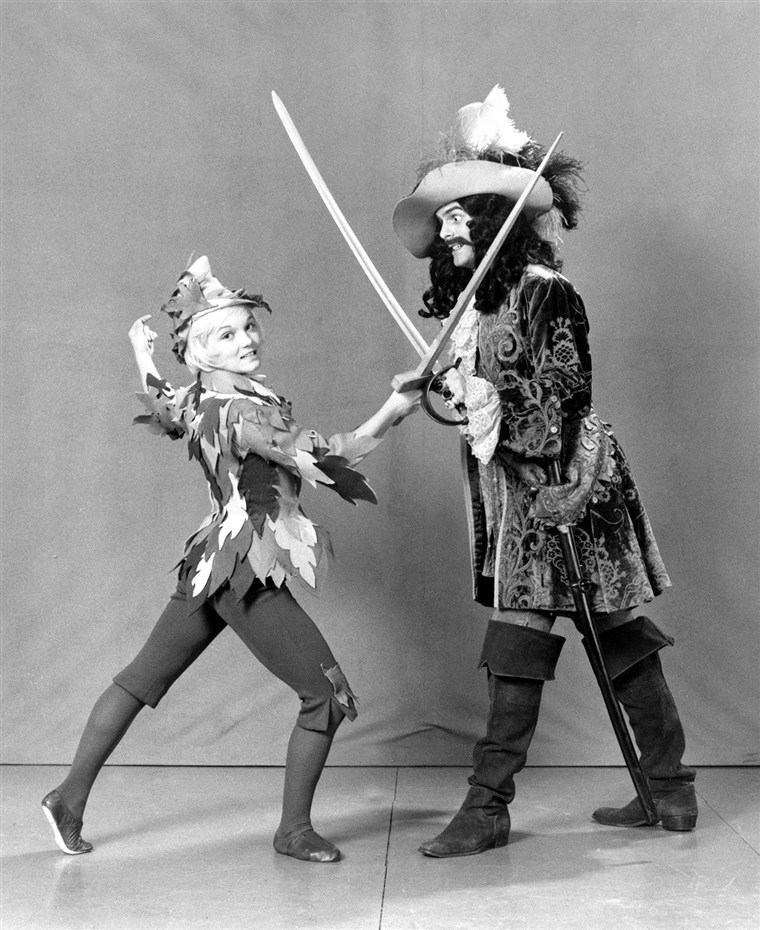 Кати Rigby went from the Olympics to playing Peter Pan and fighting with Captain Hook in 1974.