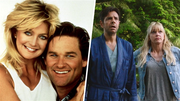 PŘES PALUBU, from left: Goldie Hawn, Kurt Russell, 1987. / OVERBOARD, from left: Eugenio Derbez Anna Faris, 2018.