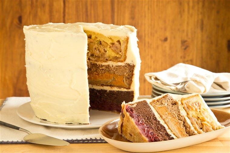 ال Cherpumple is a towering six-layer dessert made with cherry pie, pumpkin pie, apple pie, chocolate cake, yellow cake and spice cake