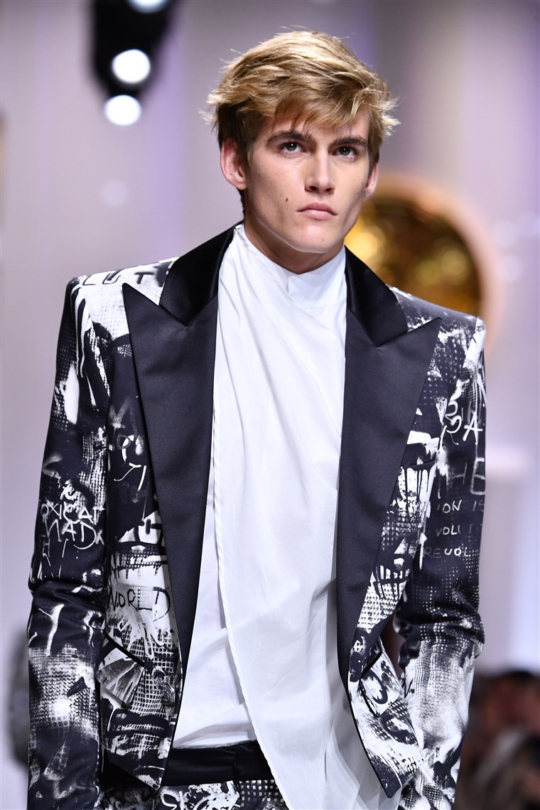 Presley Walker Gerber in the Balmain Homme menswear show at Paris Fashion Week