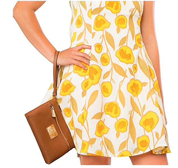 黄色 flower dress with tan purse