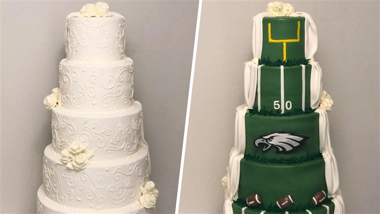 А couple whose wedding cake was traditional on one side, Philadelphia Eagles themed on the othe