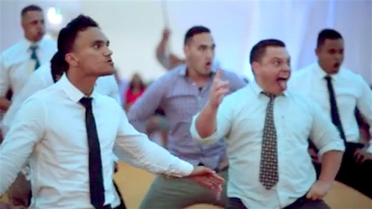 маорски haka being performed at a New Zealand wedding