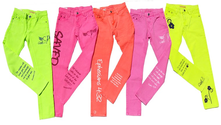 كايلي Bisutti's new clothing line, called God Inspired Fashion, includes a collection of of neon-colored denim.