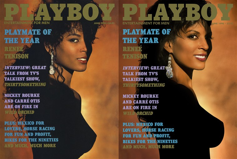رينيه Tenison in 1990 and today. She was the magazine's first black Playmate of the Year. 