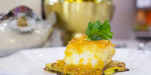 بحر Bass with Potato-Zucchini Pancake and Marmalade Sauce