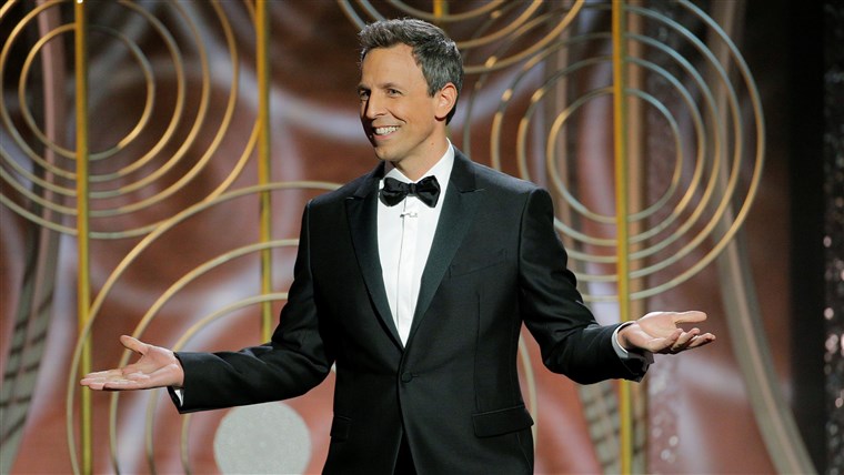 图片： Seth Meyers hosts the 75th Golden Globe Awards in Beverly Hills, California,