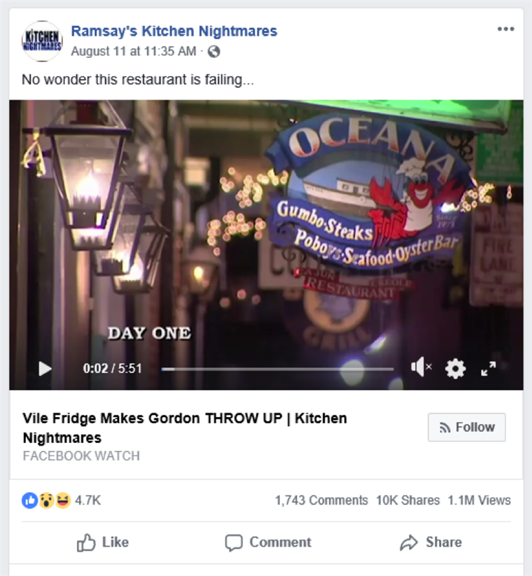 A screen shot from Ramsay's Kitchen Nightmares' Facebook post, which has since been removed from the page.
