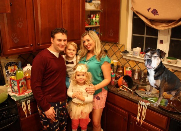 Amanda Mushro and family in messy kitchen