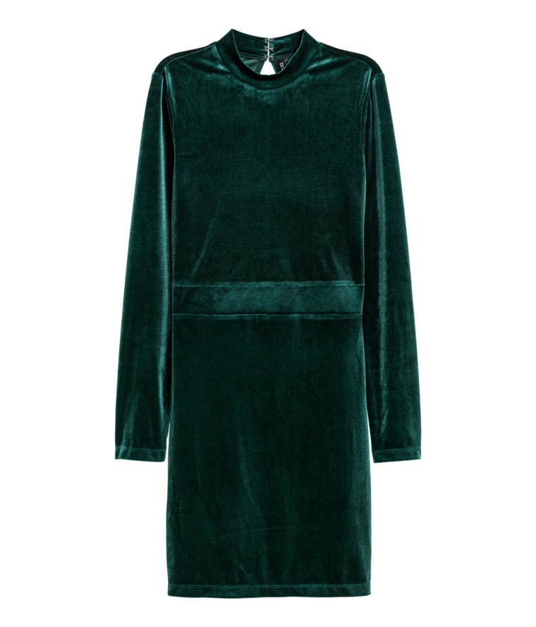 H & M Fitted Velvet Dress in Dark Green