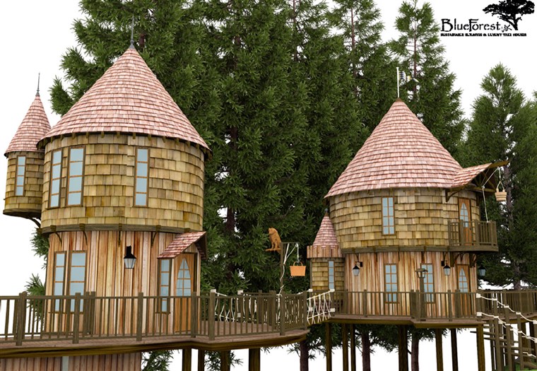该 plans for J.K. Rowling's tree houses include balconies, lanterns and cedar roofs made from sustainable wood.