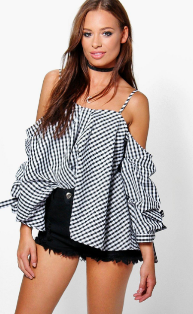 Ausfall Gingham Cold Shoulder Cotton Top