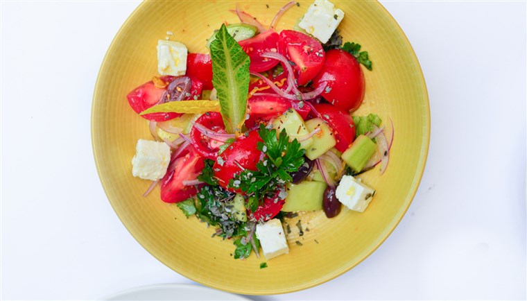 ال Horiatiki Greek salad by chef Travis Swikard of Boulud Sud in NYC